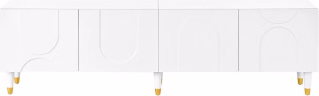 Mobile TV bianco con quattro ante e gambe in legno massello, design asimmetrico con rilievo a arco