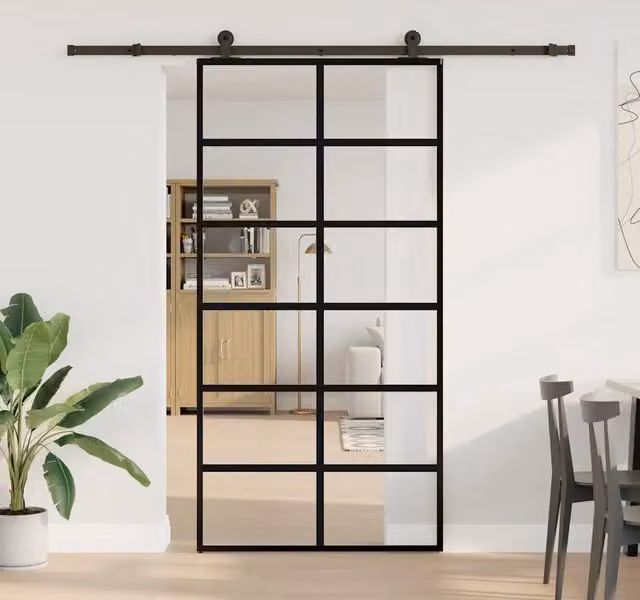 Porta Scorrevole Moderna vidaXL in Vetro Trasparente e Alluminio Nero L: 102 cm, H: 205 cm