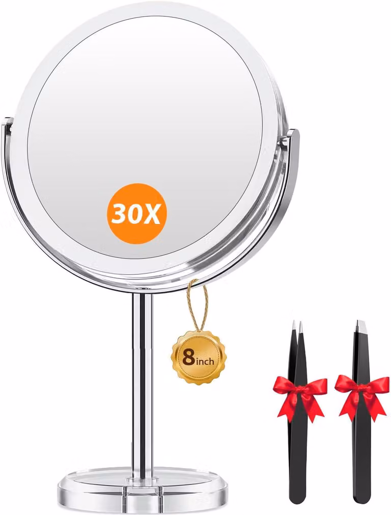 Specchio ingrandente 30x con pinzette, specchio trucco a due facce con ingrandimento 30x/1x, diametro 20 cm, con supporto