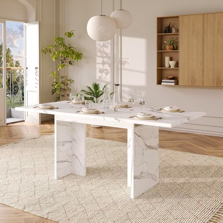 Tavolo da pranzo allungabile, bianco, effetto marmo, dimensioni 140-180x80x75 cm, piano in legno da 30 mm, gambe a forma di "T"