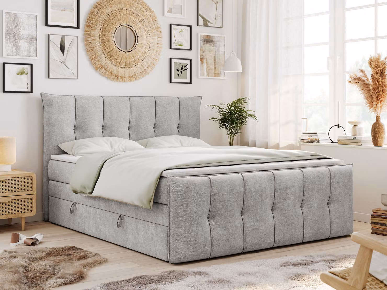 Letto boxspring King 140x200, letto boxspring 140x200 con contenitore e materasso H4, letto imbottito 140x200 con materasso, letto 140x200 con contenitore, PREMIUM-11-KING - 140x200 - Grigio chiaro - Struttura - H4
