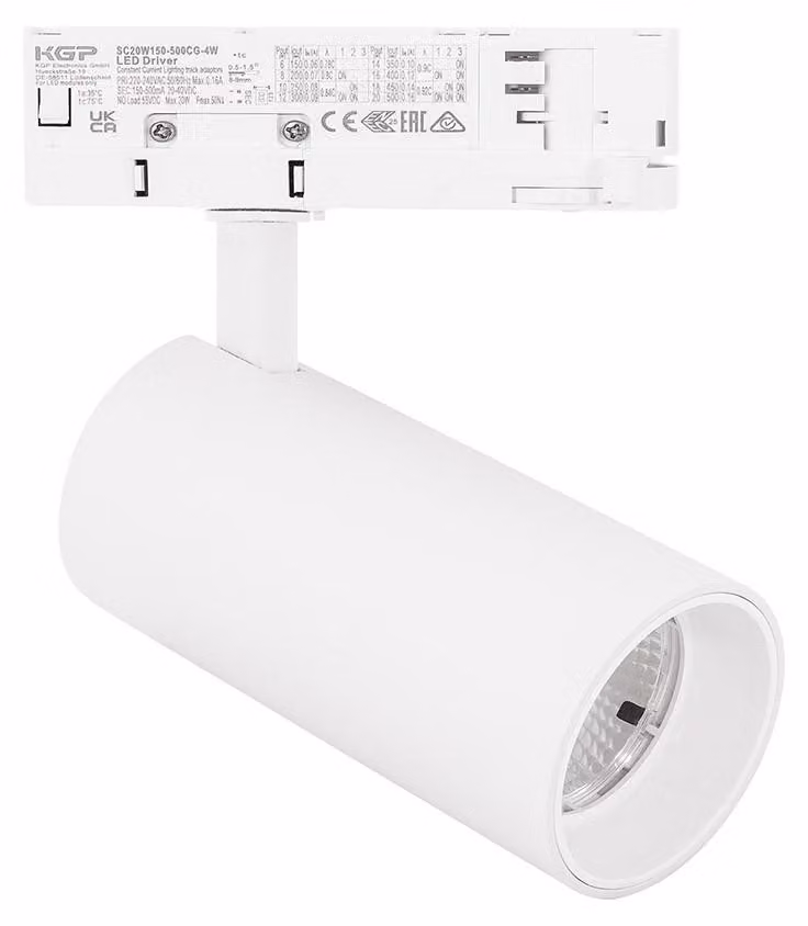 Proiettore a Binario Trifase GFA 40W LED CREE 4000K, Struttura in Alluminio Bianco Opaco, Fascio 38°, CRI >90, IP20 - Gealuce