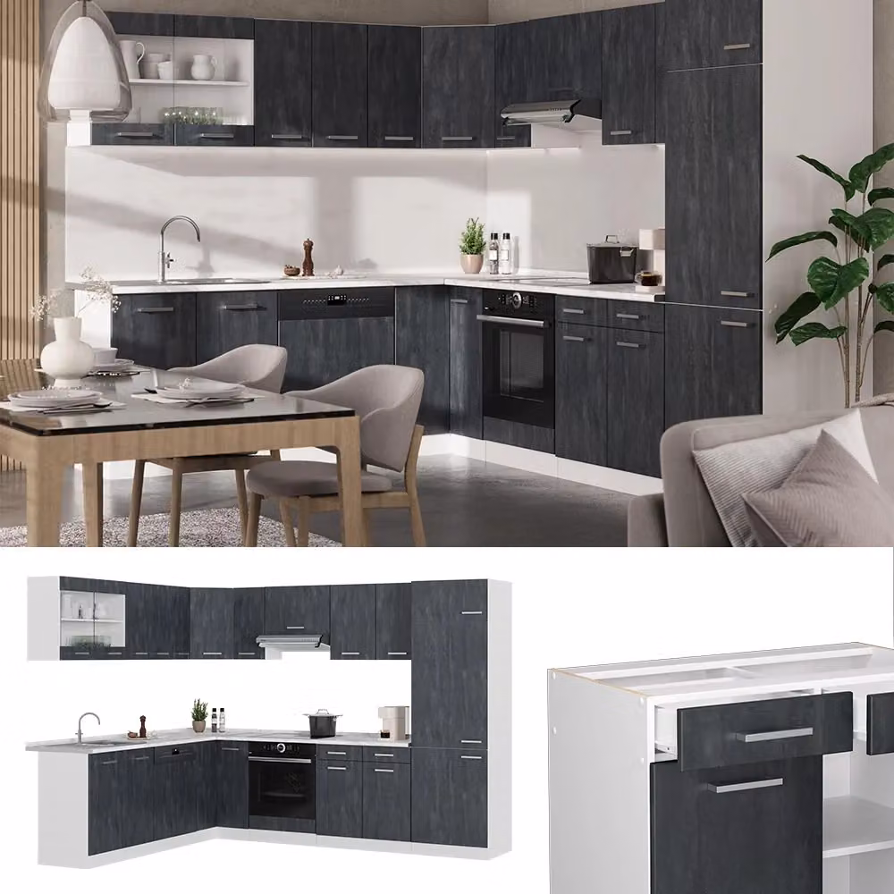 Cucina angolare moderna R-Line Vicco in finitura Rovere, Nero e Bianco con ante in vetro e illuminazione integrata, L/P/H: 287 x 227 x 60 cm – 2