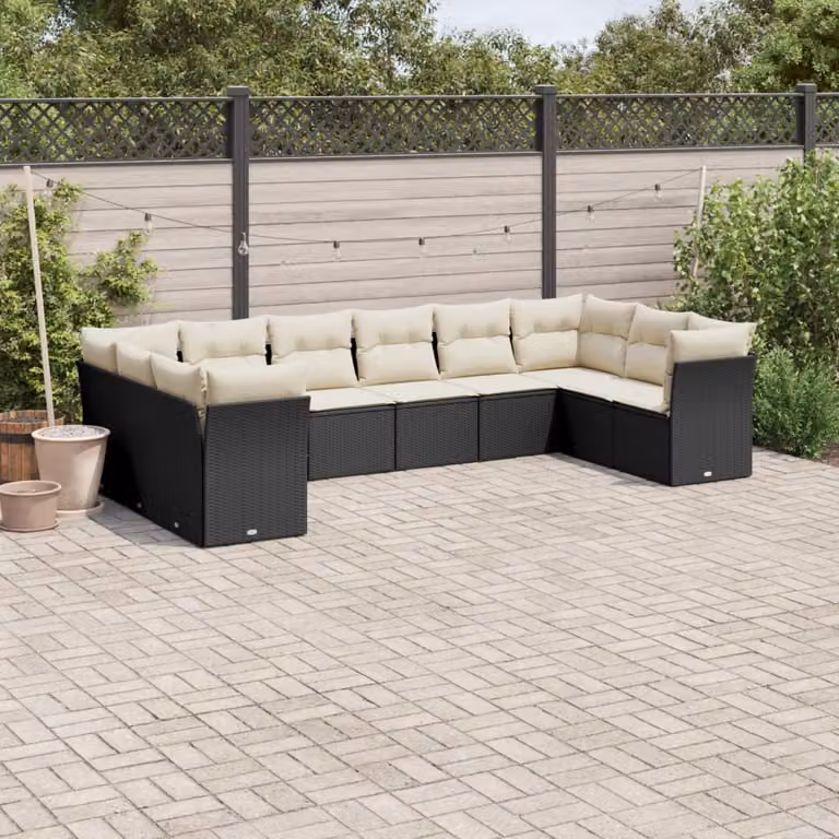 vidaXL Set Divani da Giardino a Forma di U con 10 Pezzi in Polyrattan Nero e Cuscini Imbottiti