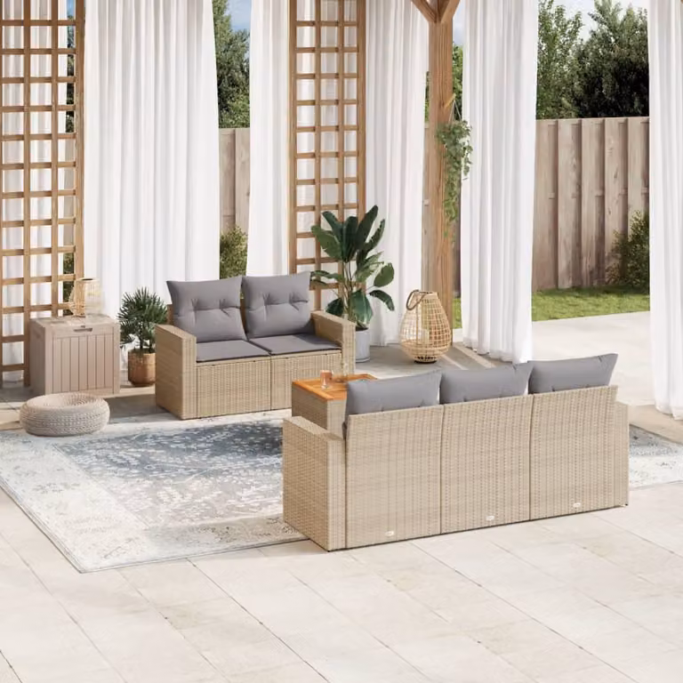 vidaXL Set Divano da Giardino 6 pz a L in Polyrattan con Cuscini Beige e Grigio