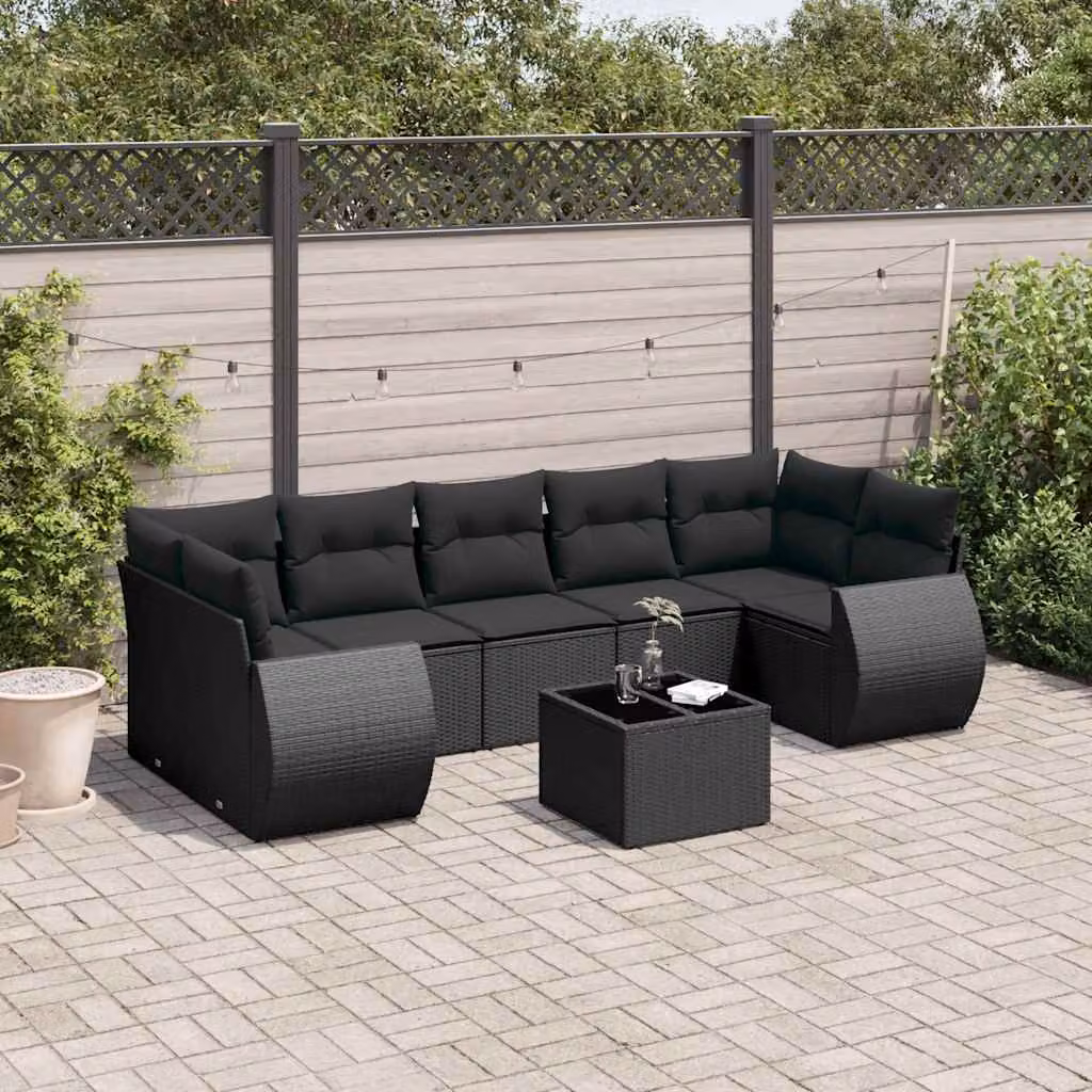 vidaXL Set Divani da Giardino a L con Cuscini 8 pz Nero in Polyrattan e Metallo – 1
