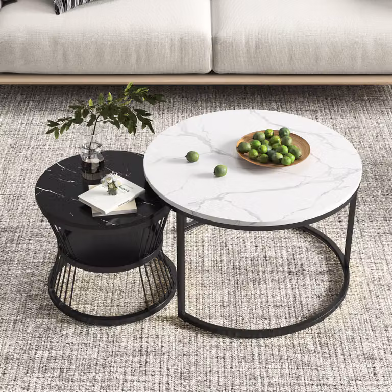 Tavolino Fortuna Lai Tavolino rotondo, 2 pezzi con motivo in marmo, 70x45cm+45x40cm, nero/bianco
