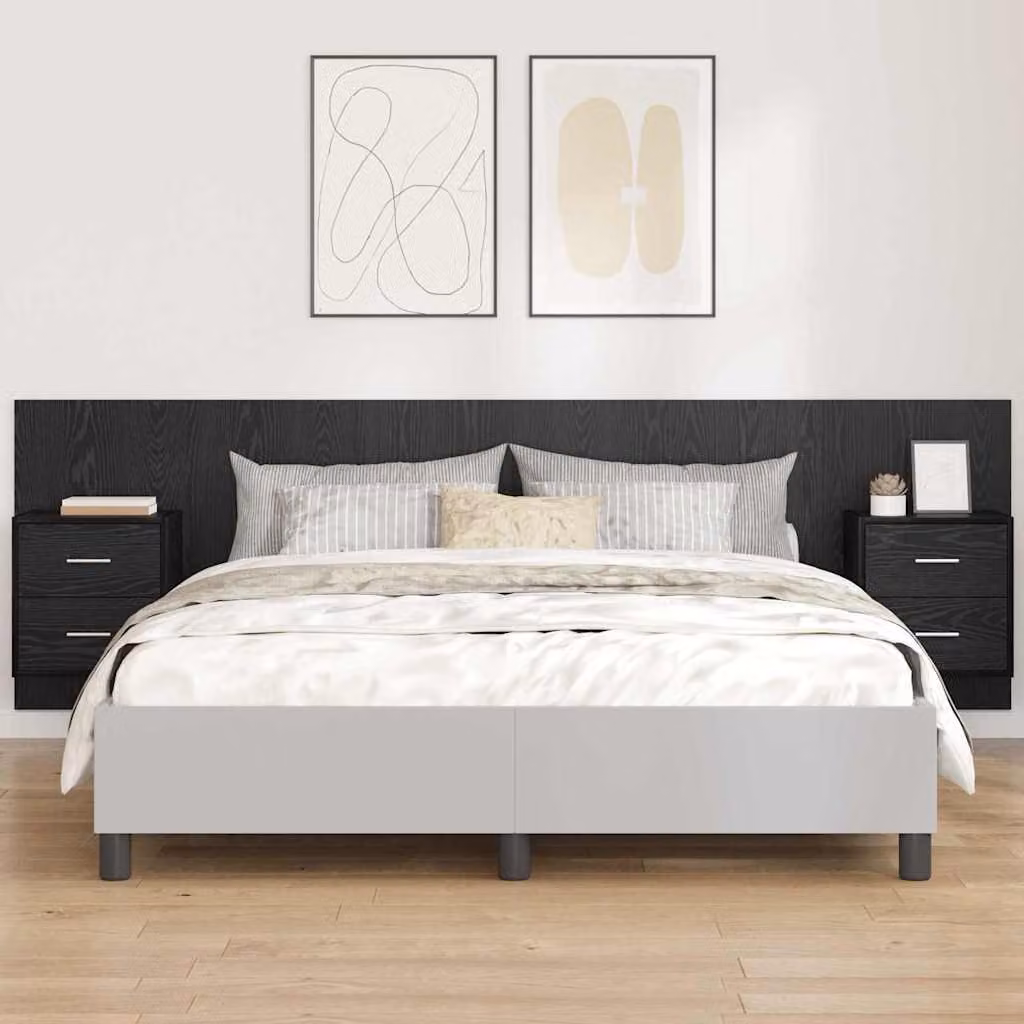 Set di 3 pezzi Testata con Comodini Integrati vidaXL in Legno Ingegnerizzato Nero Opaco L: 257 cm, P: 32,5 cm, H: 80 cm