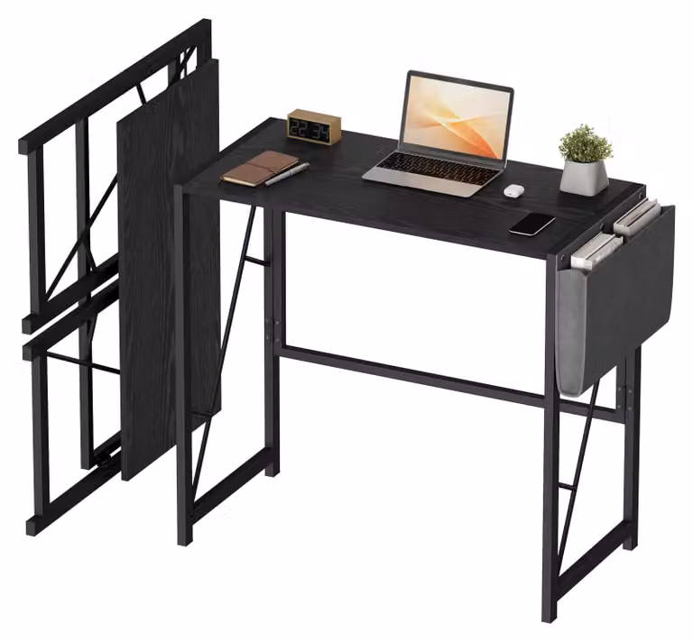 Scrivania pieghevole - Scrivania per computer - 80 cm - Tasca laterale e ganci - Struttura in metallo - Salvaspazio - Montaggio semplice - Colore: nero