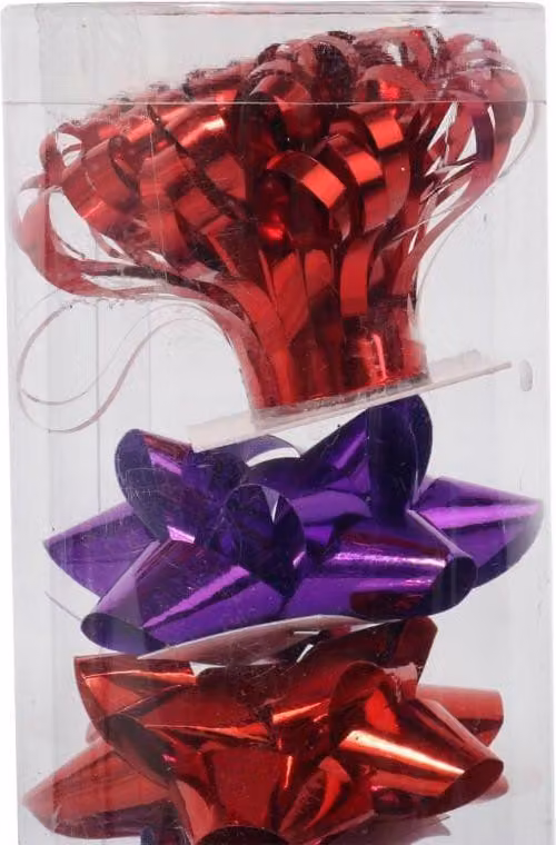 Set per confezioni regalo: coccarde + nastro di paillettes rosso e viola