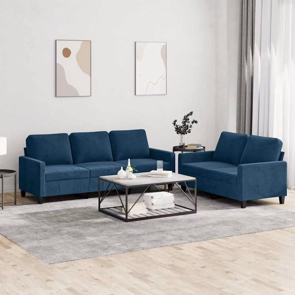 Set di divani vidaXL composto da un divano a 2 posti e uno a 3 posti in velluto blu con cuscini coordinati per il tuo soggiorno – 1