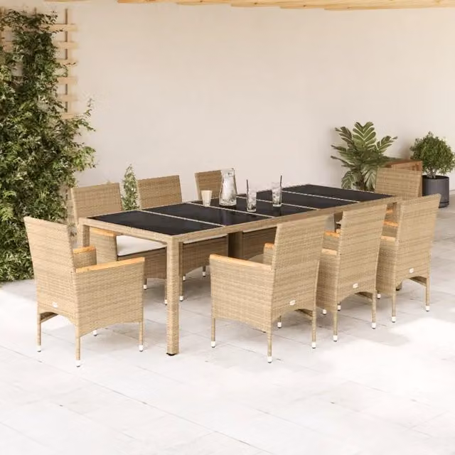 Set da pranzo da giardino vidaXL in polyrattan e legno di acacia con cuscini beige e tavolo in vetro bianco, 9 pezzi – 1
