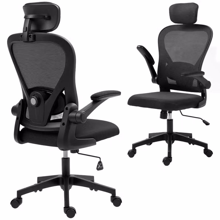 Sedia da ufficio ergonomica - Sedia da scrivania - Braccioli reclinabili - Supporto lombare regolabile - Poggiatesta - Regolabile in altezza - Rivestimento in rete - Colore: nero