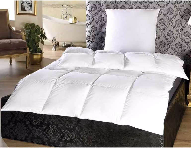 Piumino 135x200 cm con cuscino in piuma 80x80 cm – cotone, 50% piumino 50% piume, a cassettoni, caldo, prodotto in Germania