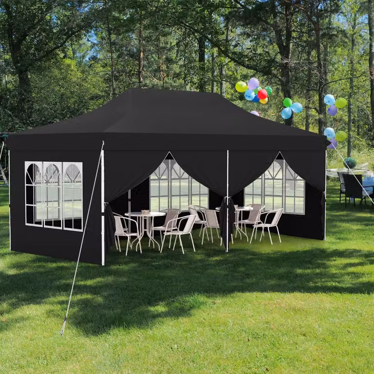 Costway Tenda Gazebo Pieghevole per Feste con 6 Pareti Laterali Rimovibili e Borsa da Trasporto, Nero, L: 600 cm, P: 300 cm, H: 316 cm