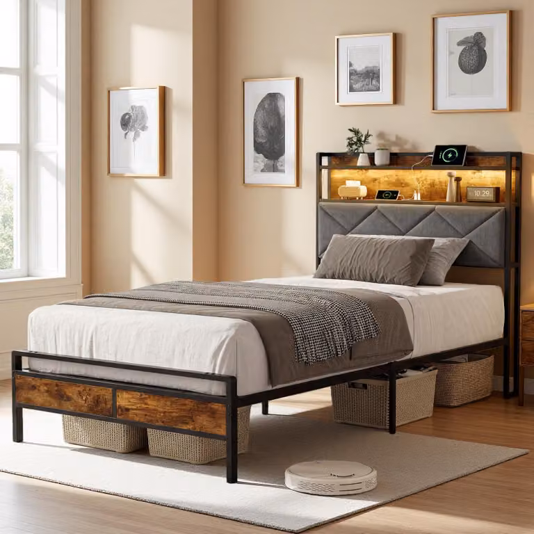 Letto in metallo ProximaX LED 90x200 cm – Letto singolo con porta USB-C e vano portaoggetti nella testiera, rivestimento in velluto, stile industriale