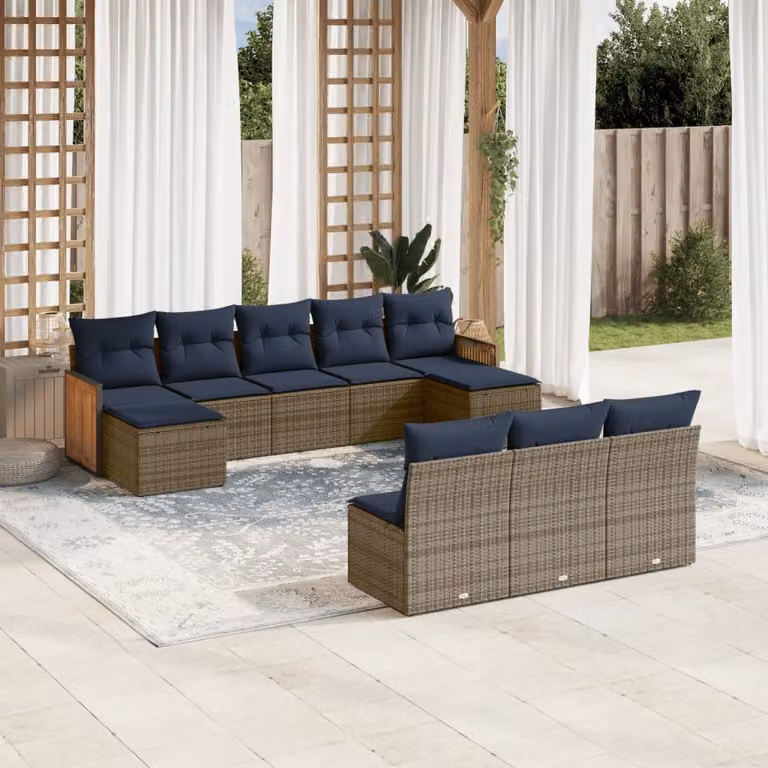 Set di divani da giardino vidaXL in polyrattan grigio con cuscini, componibile a forma di L per esterno