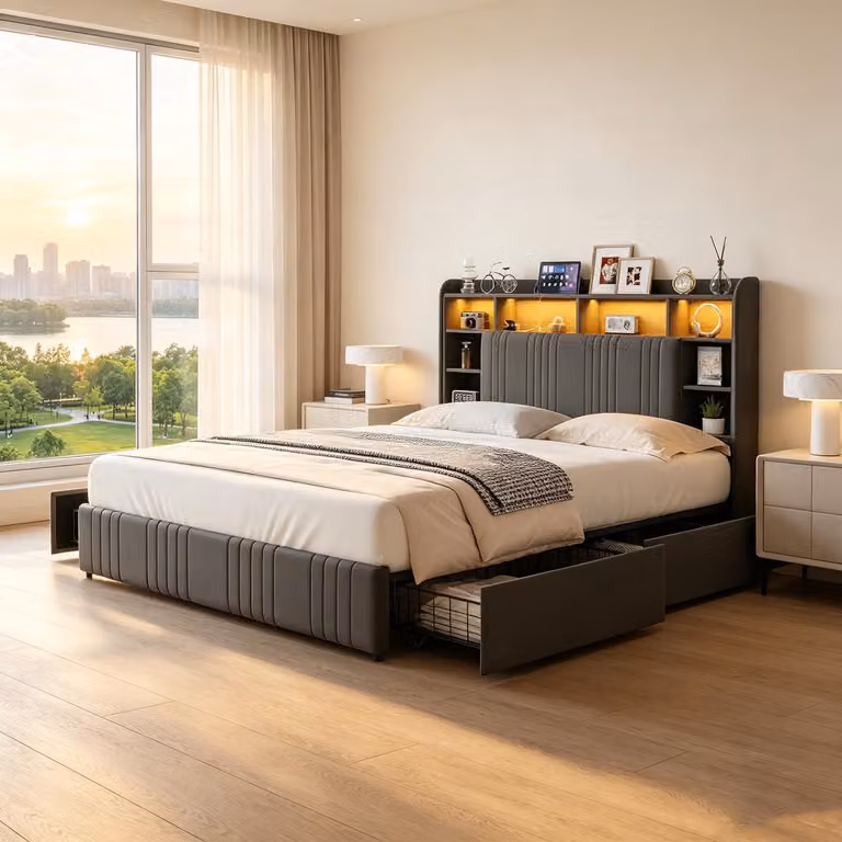 Letto imbottito INONEFT, modello boxspring, 140x200 cm, con LED e porte USB/C. Letto matrimoniale con struttura e 4 cassetti, testiera con vano aperto. Letto per giovani, colore grigio, tessuto in lino