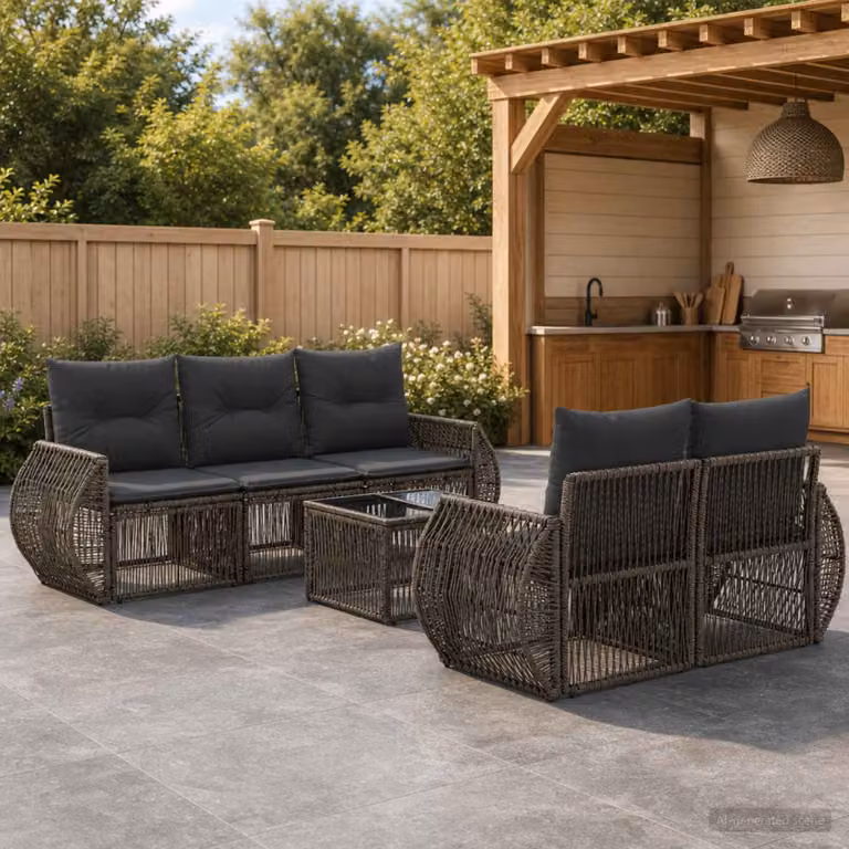Set Divano da Giardino vidaXL 6 Pezzi Grigio in Polyrattan con Tavolino e Cuscini Imbottiti