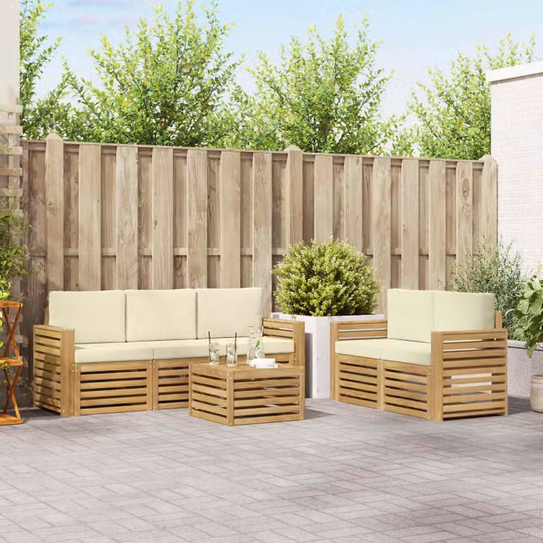 Set di divani da esterno vidaXL a forma di L composto da 6 pezzi con tavolino da caffè, in legno di acacia e tessuto bianco e beige