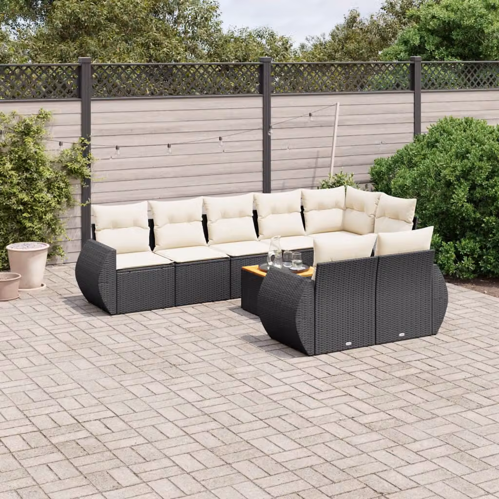 Set di divani da giardino vidaXL in polyrattan nero con cuscini, design moderno a forma di U per esterno e terrazza – 1