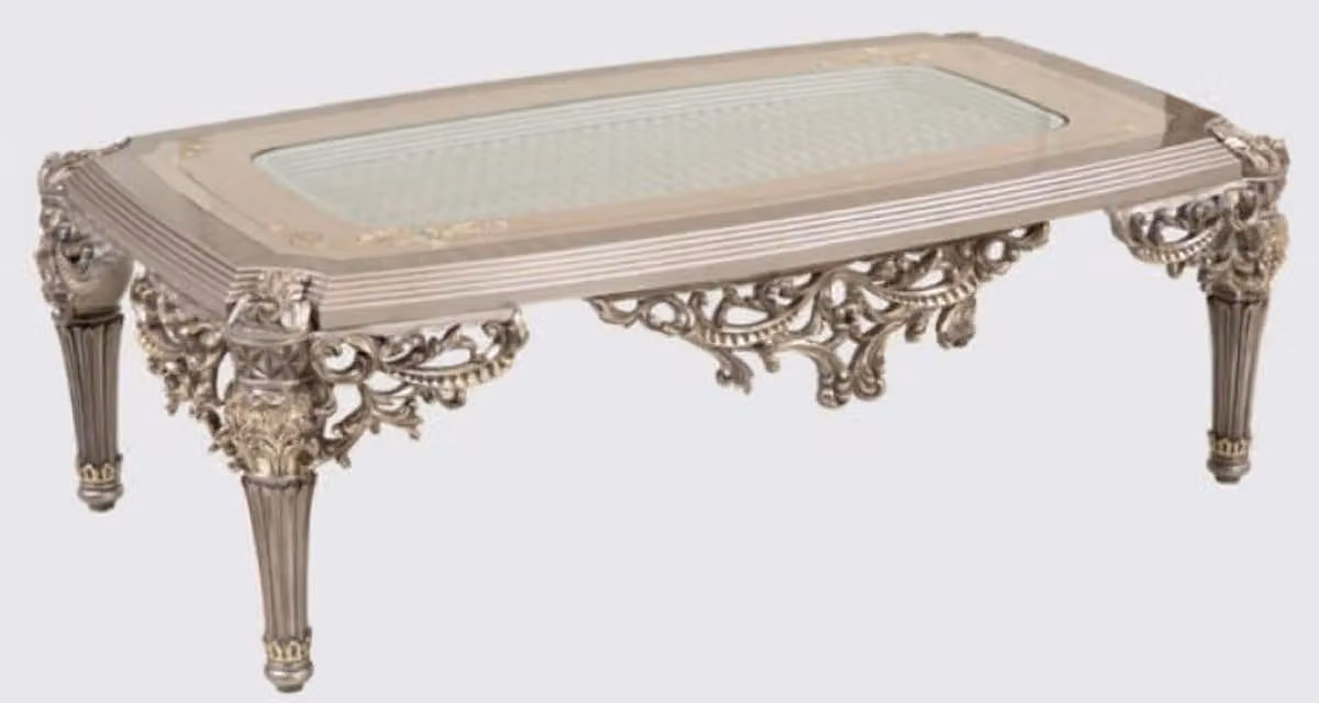 Casa Padrino tavolino barocco argento/oro 135 x 80 x h. 45 cm - Tavolo da salotto in legno massiccio fatto a mano in stile barocco - Mobili barocchi