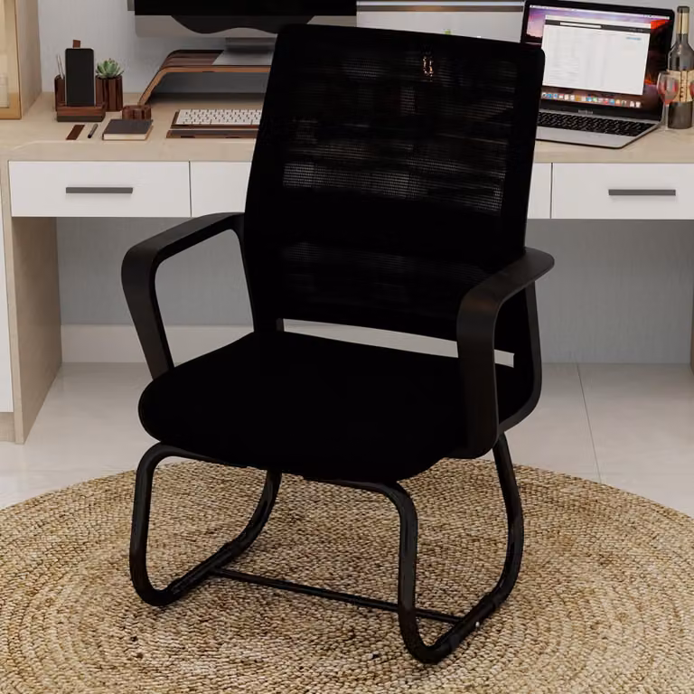 MODFU Sedia da ufficio minimalista con schienale in tessuto a rete traspirante, sedia da lavoro per computer con struttura curva, nera
