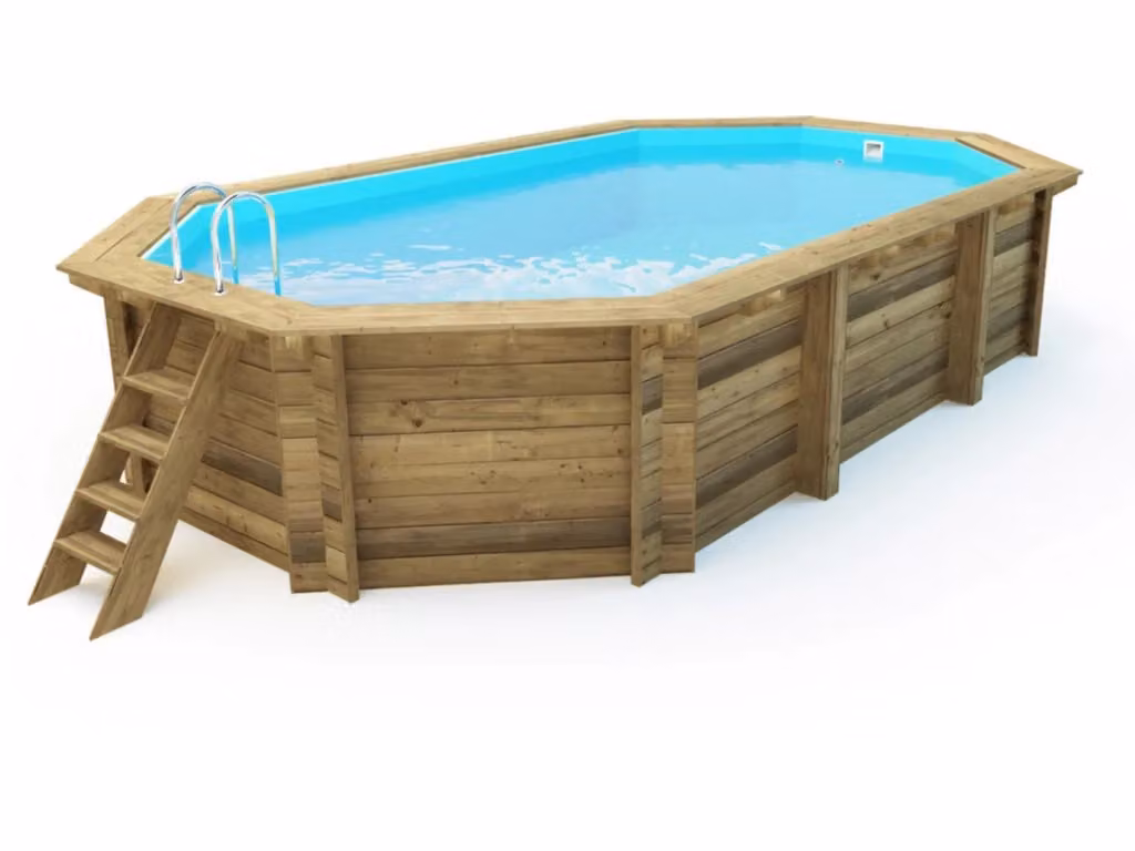 Piscina fuori terra ovale in legno Brazilia 145 Habitat Et Jardin, colori blu e marrone, L: 5,86 m x P: 3,86 m x H: 1,44 m, con filtro, telo a bolle 180 µm e telo invernale 280 g/m² – 2