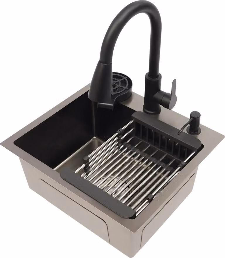Lavello da cucina - A vasca singola - Acciaio inossidabile - 1 foro - Con rubinetteria - 45x40 cm - Nero