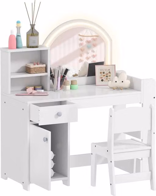 Toeletta Trucco Bambina Xylo con Specchio LED e Sgabello Bianco con 1 Cassetto e 5 Ripiani