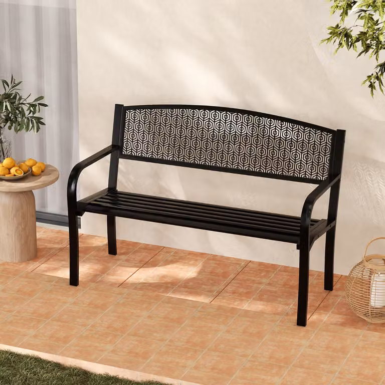 Panca da giardino in metallo Costway in stile classico con braccioli, colore nero, L: 128 cm