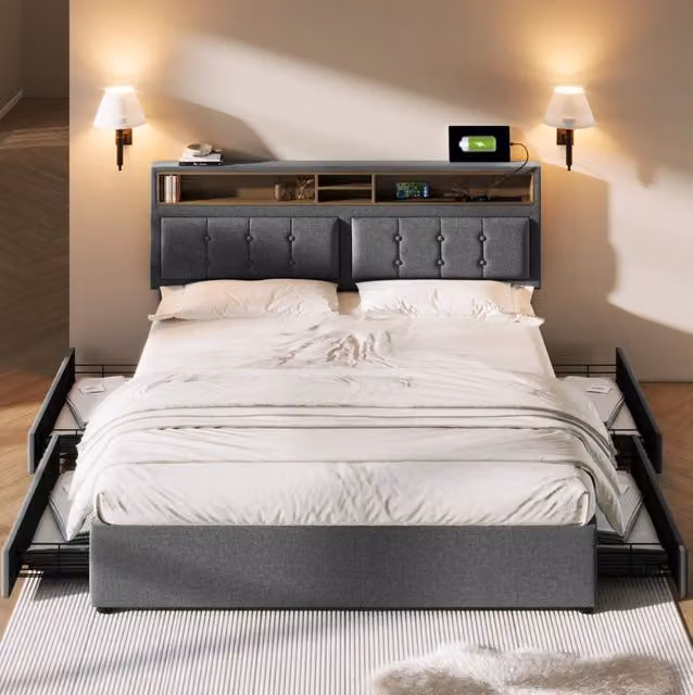 Letto imbottito ULEVR 140x200 cm con 4 cassetti, testiera regolabile, prese, USB e Type-C, grigio