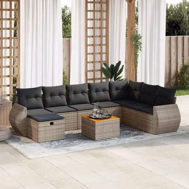 Set Divano da Giardino 9 pz con Cuscini Grigio in Polyrattan 3325861