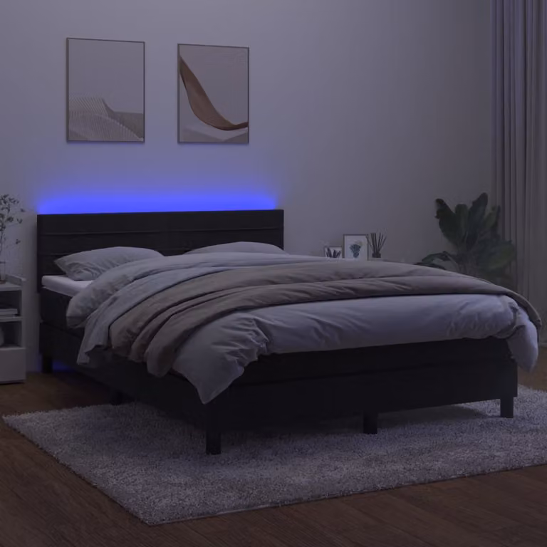 The Living Store Letto a molle con materasso e LED nero 140x200 cm in velluto