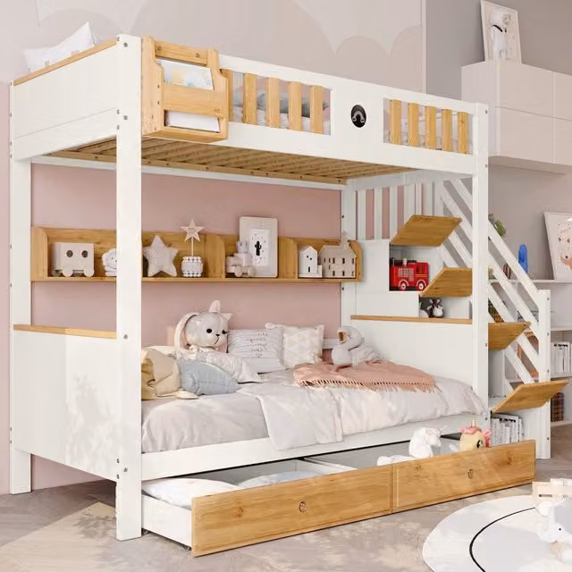Etagenbett WISHDOR per bambini in bianco e naturale con scala contenitore, sponde di sicurezza e 2 cassetti, L/P/H: 200 x 90 x 170 cm