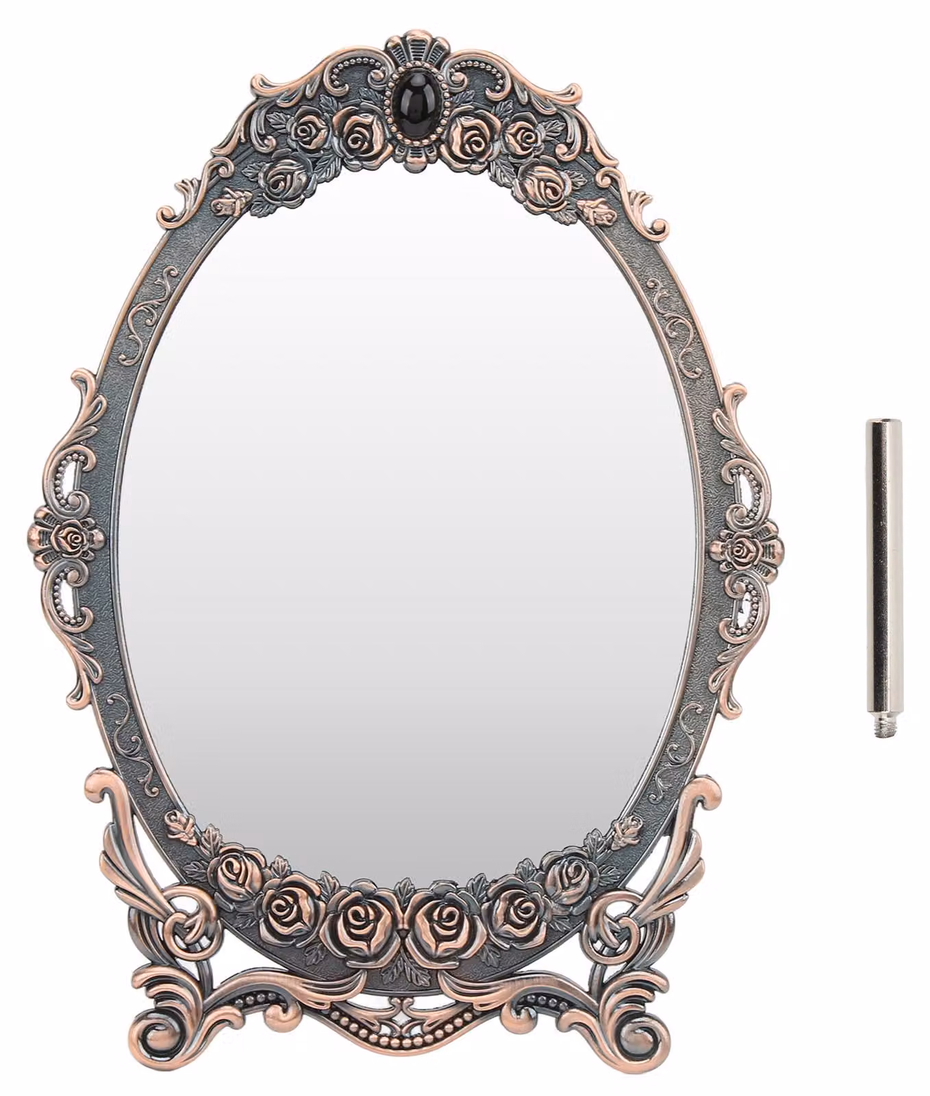Specchio da trucco retrò da scrivania, motivo floreale in rilievo, bordi con perline, immagine nitida, decorazione vintage funzionale, rame rosso