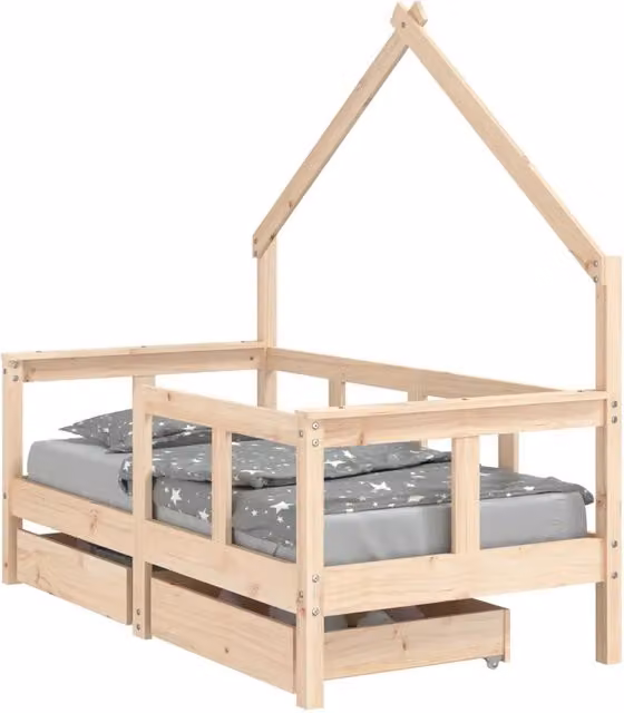 Giroletto Letto Infantile per Bambini in Legno Massello di Pino con Cassetti, Bianco, L 140 x P 70 x H 75,5 cm