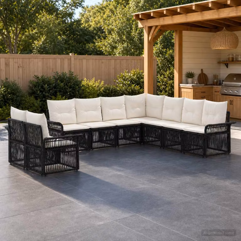 Set Divano da Giardino vidaXL 9 pz Nero con Cuscini e Struttura in Metallo e Polyrattan a Forma di L
