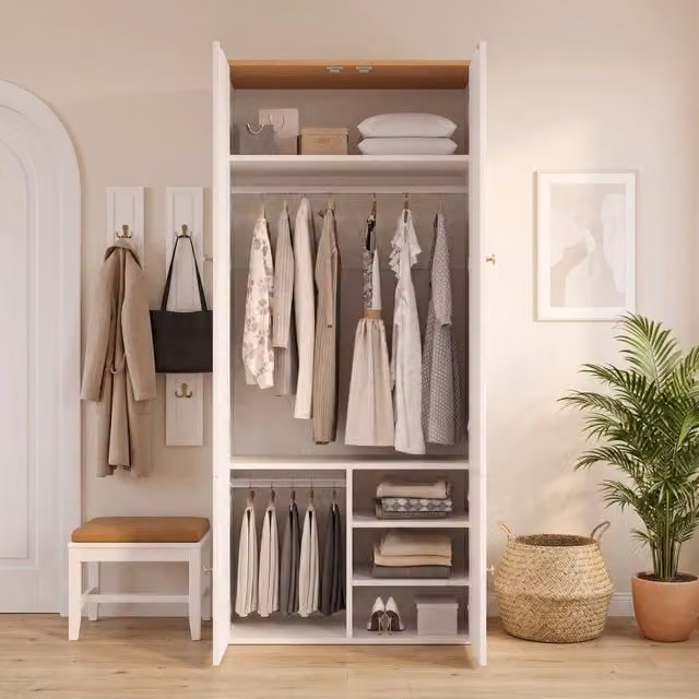 Armadio alto 90 x 50 x 200 cm; ante a battente; 2 aste appendiabiti; 4 ripiani contenitore; MDF; bianco