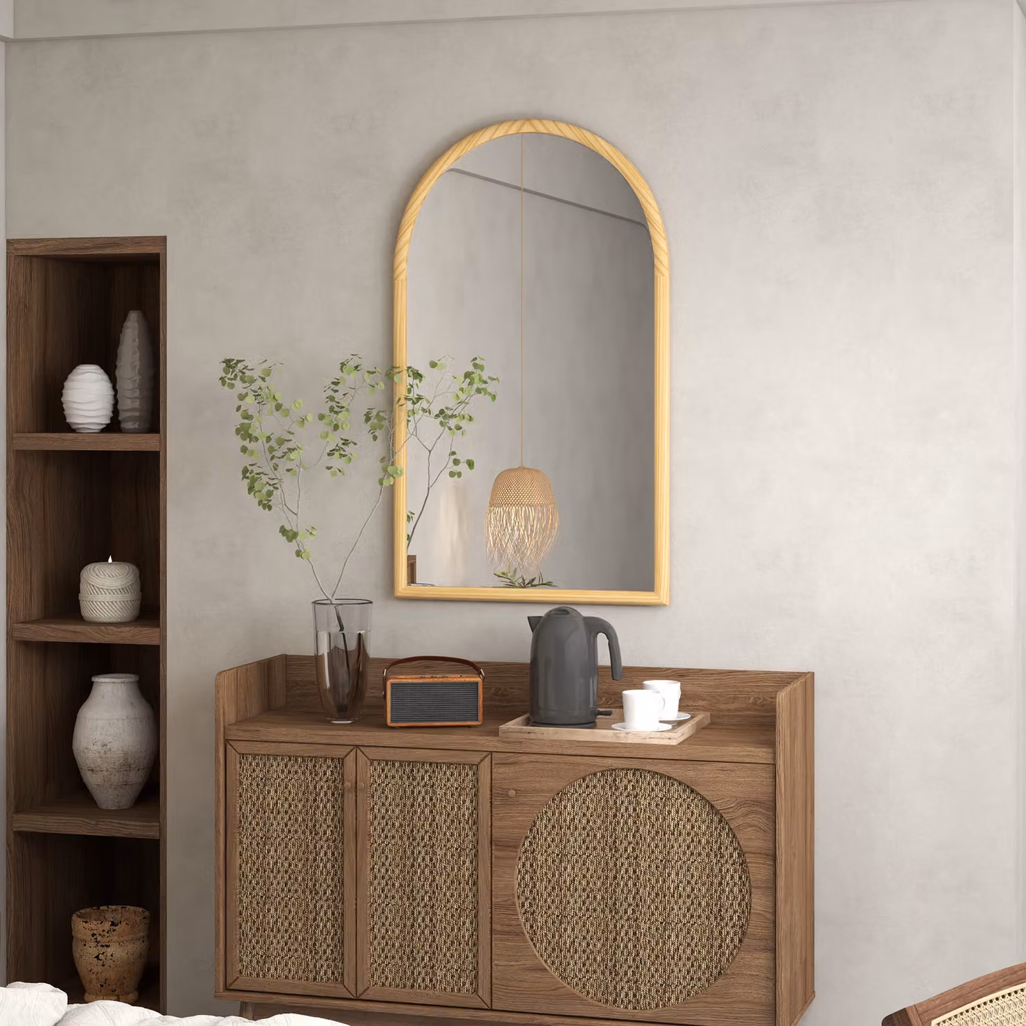 Specchio da parete ad arco HOMCOM con cornice in legno naturale, colore marrone, L: 110 cm, H: 65 cm – 2
