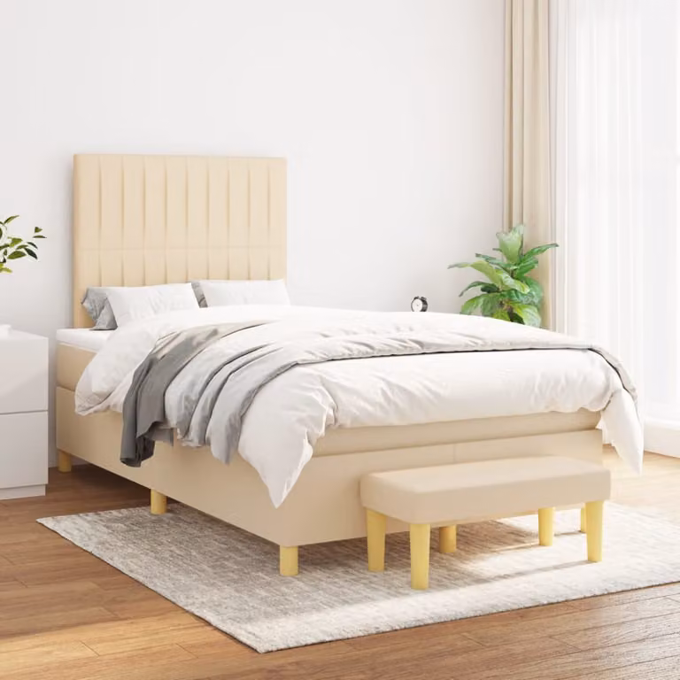 vidaXL Letto Ibrido con Giroletto a Molle e Materasso in Tessuto Beige e Bianco L/P: 120 x 200 cm