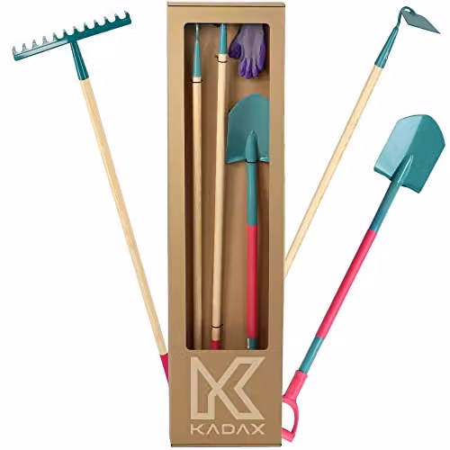 KADAX Set di 4 Set di Attrezzi da Giardinaggio, Include Vanga a Punta, Rastrello a Denti Diritti, Zappa Quadra e Guanti Protettivi, Accessori per Il Giardino