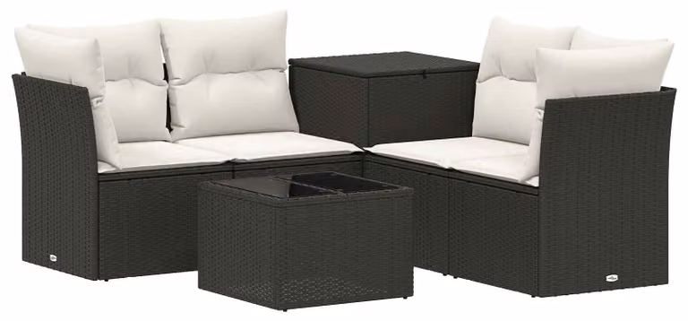 Set di divani da esterno, 6 pezzi. Colore: nero e crema. Materiali: rattan sintetico e acciaio