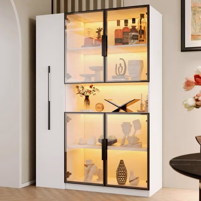 Vetrina ULEVR 110x35x160 cm in MDF bianco con LED multicolore, ripiani estraibili e cassetti