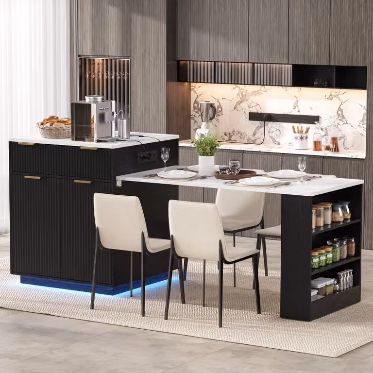 Tavolo da pranzo estensibile con illuminazione a LED e ripiani regolabili, tavolo da cucina con prese elettriche e cassetti, bancone da bar, colore nero