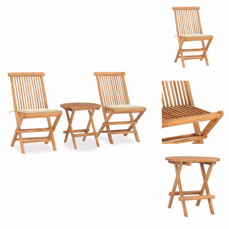 vidaXL Set da pranzo da giardino a 3 pezzi con cuscini pieghevoli in legno massiccio di teak - Set di mobili da giardino