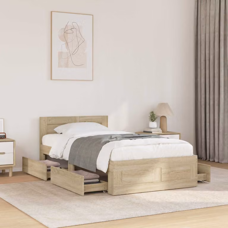 Set di 2 strutture letto vidaXL in legno ingegnerizzato color rovere sonoma con cassetti