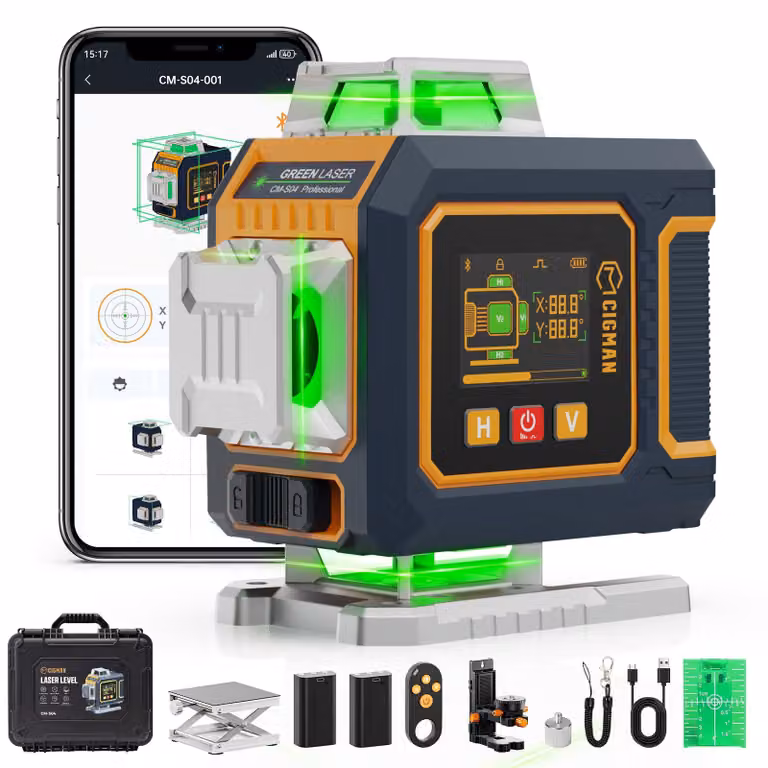 Livella laser a croce verde - 4 linee a 360 gradi - Autolivellante - Materiale: plastica ABS - Adatta per interni ed esterni
