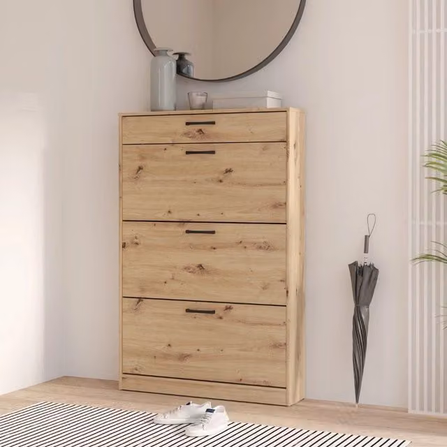 Scarpiera Cecilia Veriaffari in finitura rovere marrone con ante e cassetti, stile moderno, L: 83.2 cm, P: 20.4 cm, H: 127.7 cm