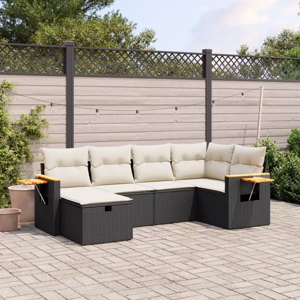 Set Divano da Giardino a L vidaXL 6 pz con Cuscini Nero in Polyrattan e Acciaio – 1